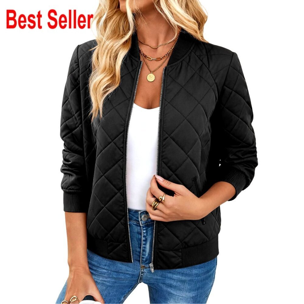 Quilted Bomber Jacket Lightweight Zip Up Casual Fall Coat